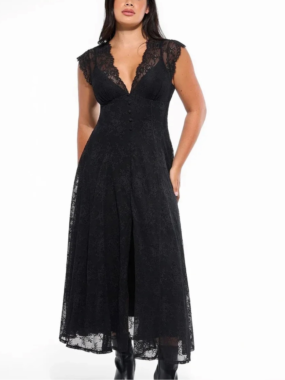 Shapewear  Floral Lace Front Slit Maxi Dress built in Shapewear